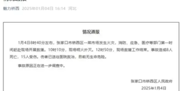 A fire broke out in a vegetable market in Qiaoxi District, Zhangjiakou, Hebei Province, killing 8 people and injuring 15 others