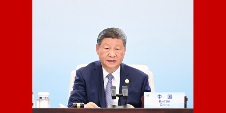 Xi Jinping gives a speech to the meeting of the OCS summit in Tianjin