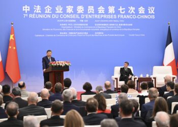 Xi Jinping and Emmanuel Macron attend the closing ceremony of the seventh meeting of the Sino-French Business Council