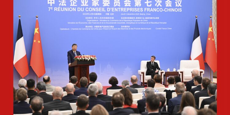 Xi Jinping and Emmanuel Macron attend the closing ceremony of the seventh meeting of the Sino-French Business Council